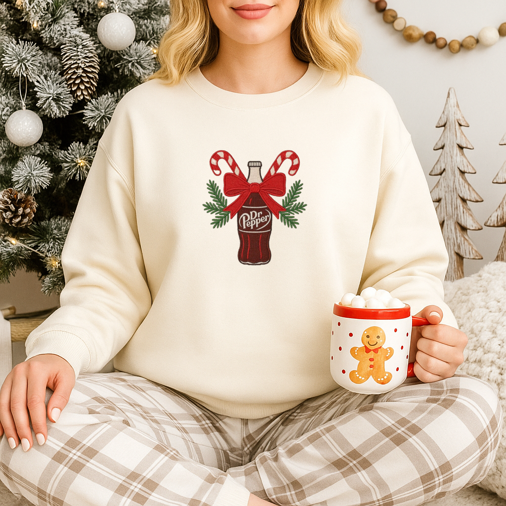 Embroidered Christmas Dr Pepper Sweatshirt – Cozy Holiday Candy Cane Design