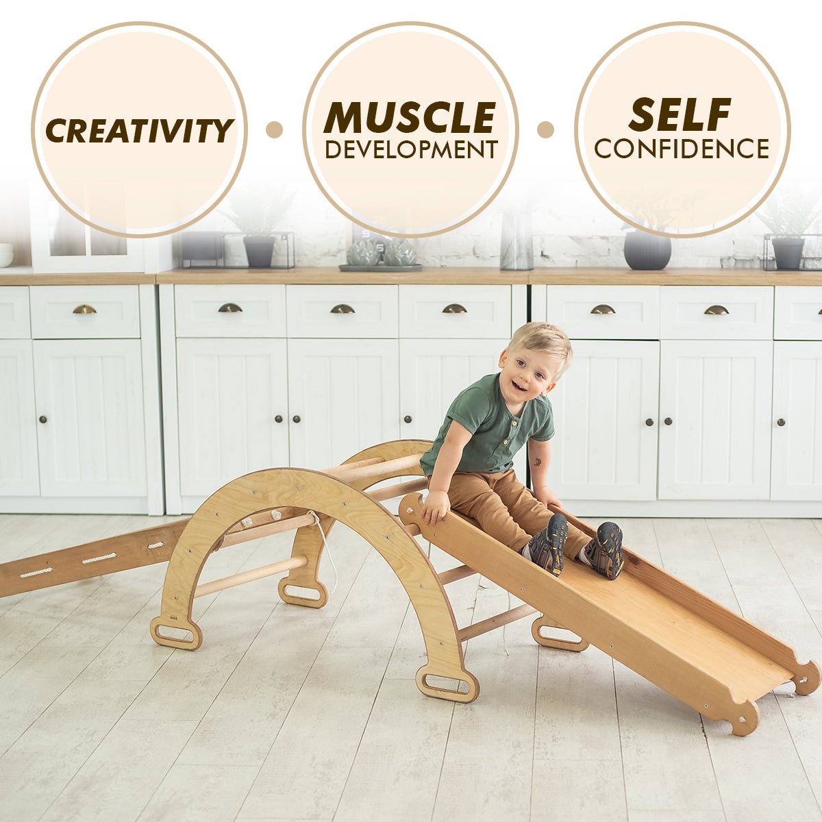 5in1 Montessori Climbing Set: Triangle Ladder + Climbing Arch + Slide Board + Climbing Net + Art Addition