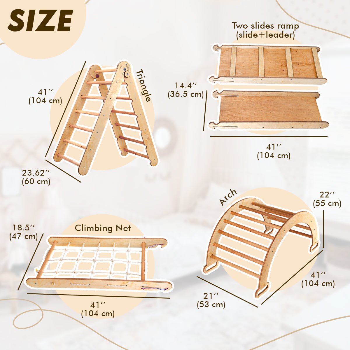 5in1 Montessori Climbing Set: Triangle Ladder + Climbing Arch + Slide Board + Climbing Net + Art Addition