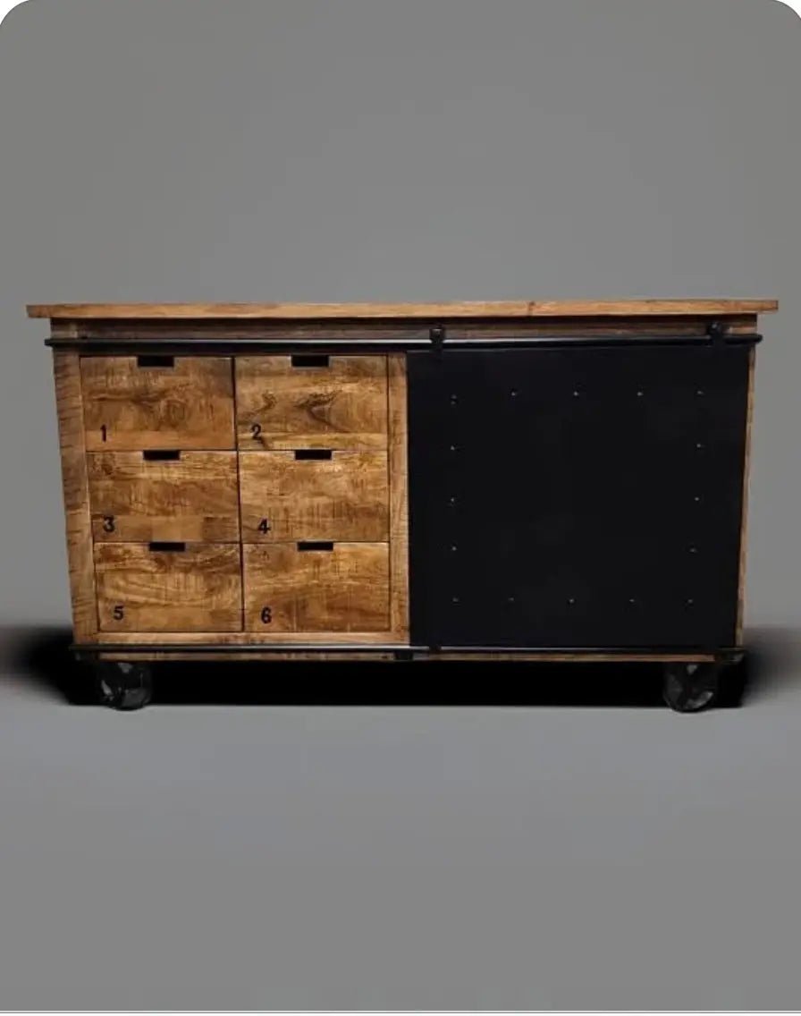 Buffet industriel en bois de manguier et acier noir sur roue avec 6 tiroirs et porte en acier coulissante