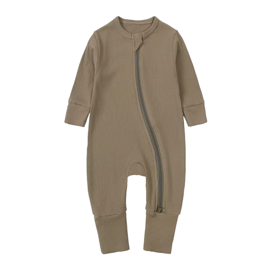 Latte - Long Sleeve Ribbed Bamboo Sleep + Play Romper