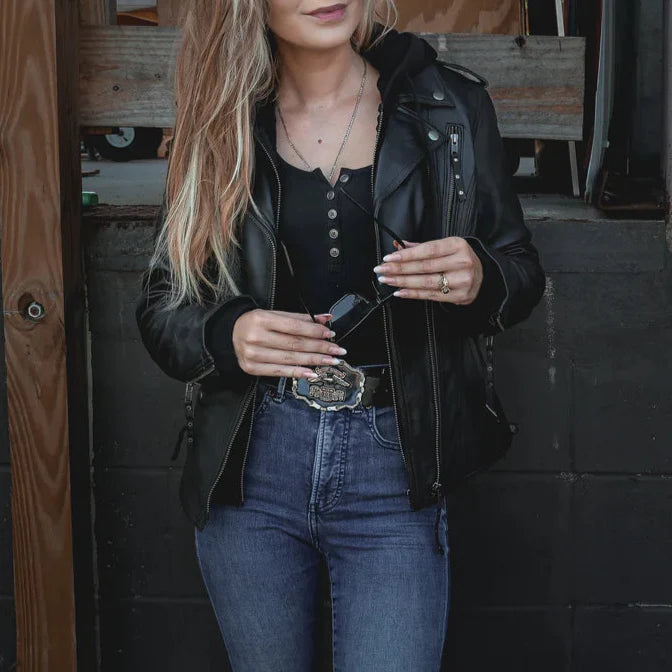 Open Road Women's Hooded Classic Leather Motorcycle Jacket