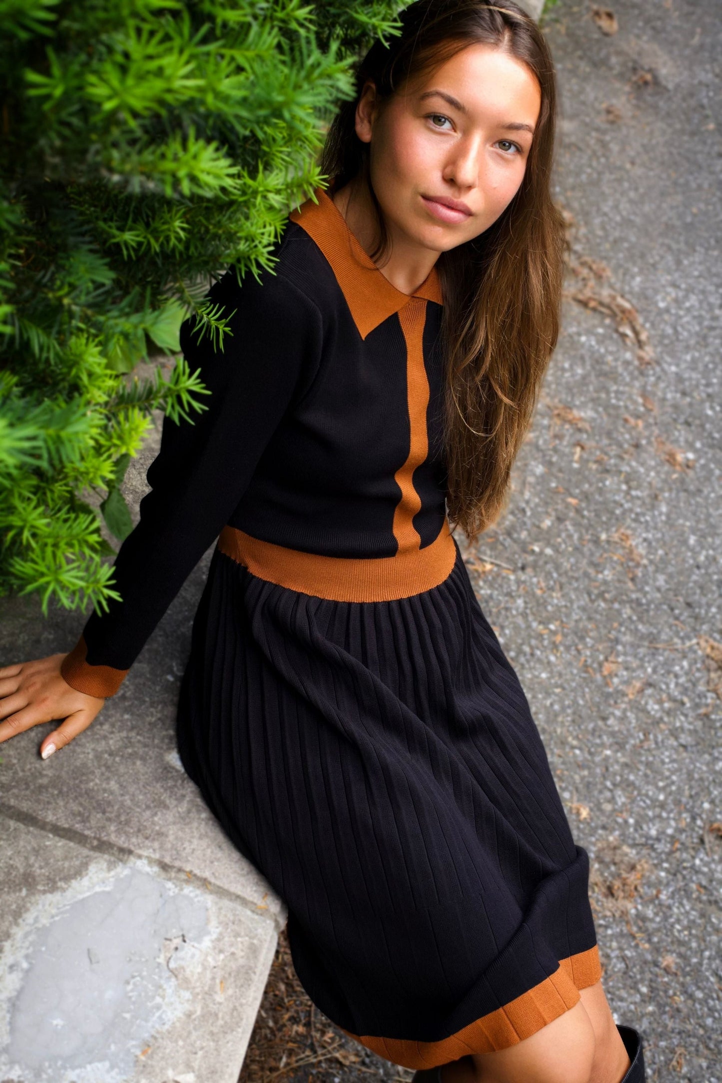 Clarissa Knit Women's Dress Contrast Trim Long Sleeves