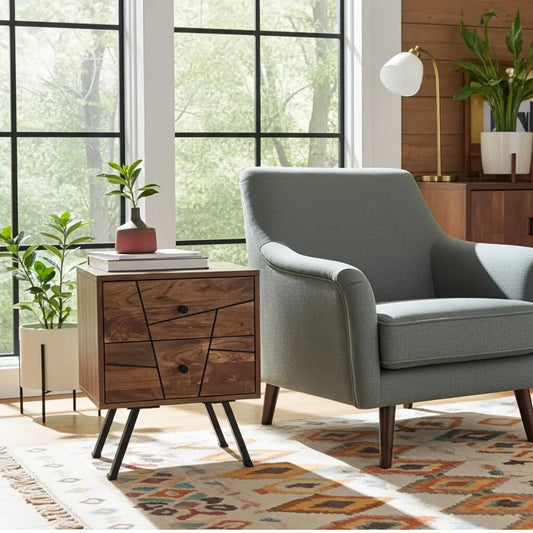 Table d'appoint style Mid-Century en bois D'Acacia avec 2 tiroirs