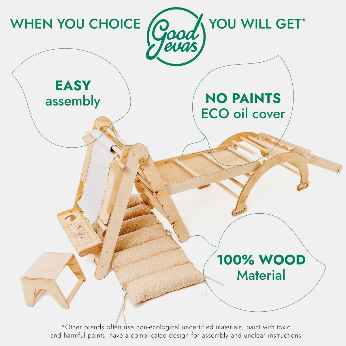 6in1 Montessori Climbing Frame Set: Triangle Ladder + Arch/Rocker + Slide/Ramp + Net + Cushion + Art Addition