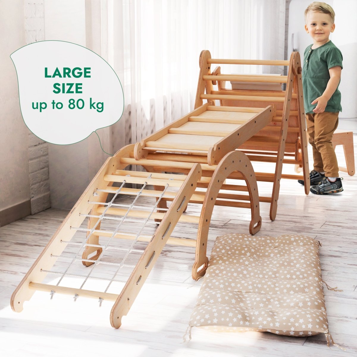6in1 Montessori Climbing Frame Set: Triangle Ladder + Arch/Rocker + Slide/Ramp + Net + Cushion + Art Addition