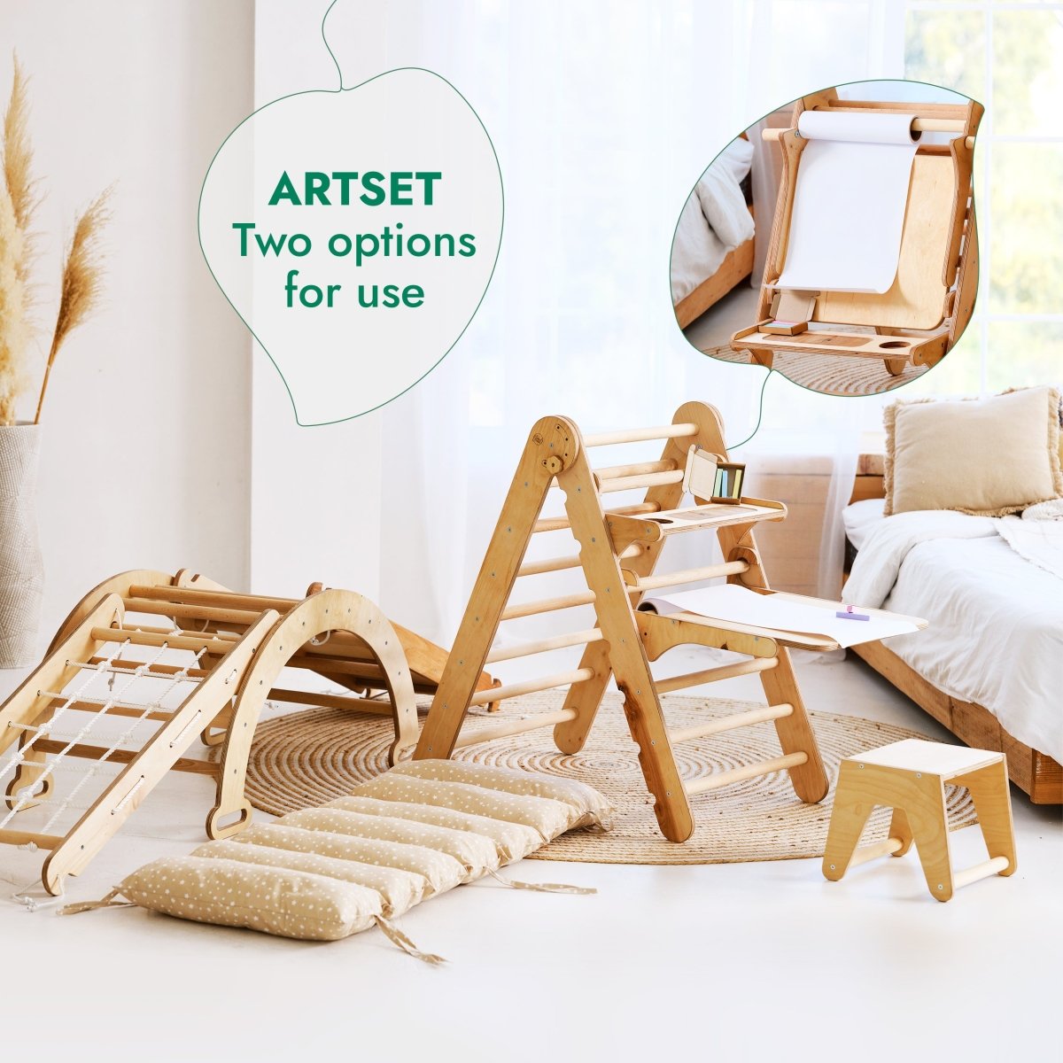 6in1 Montessori Climbing Frame Set: Triangle Ladder + Arch/Rocker + Slide/Ramp + Net + Cushion + Art Addition