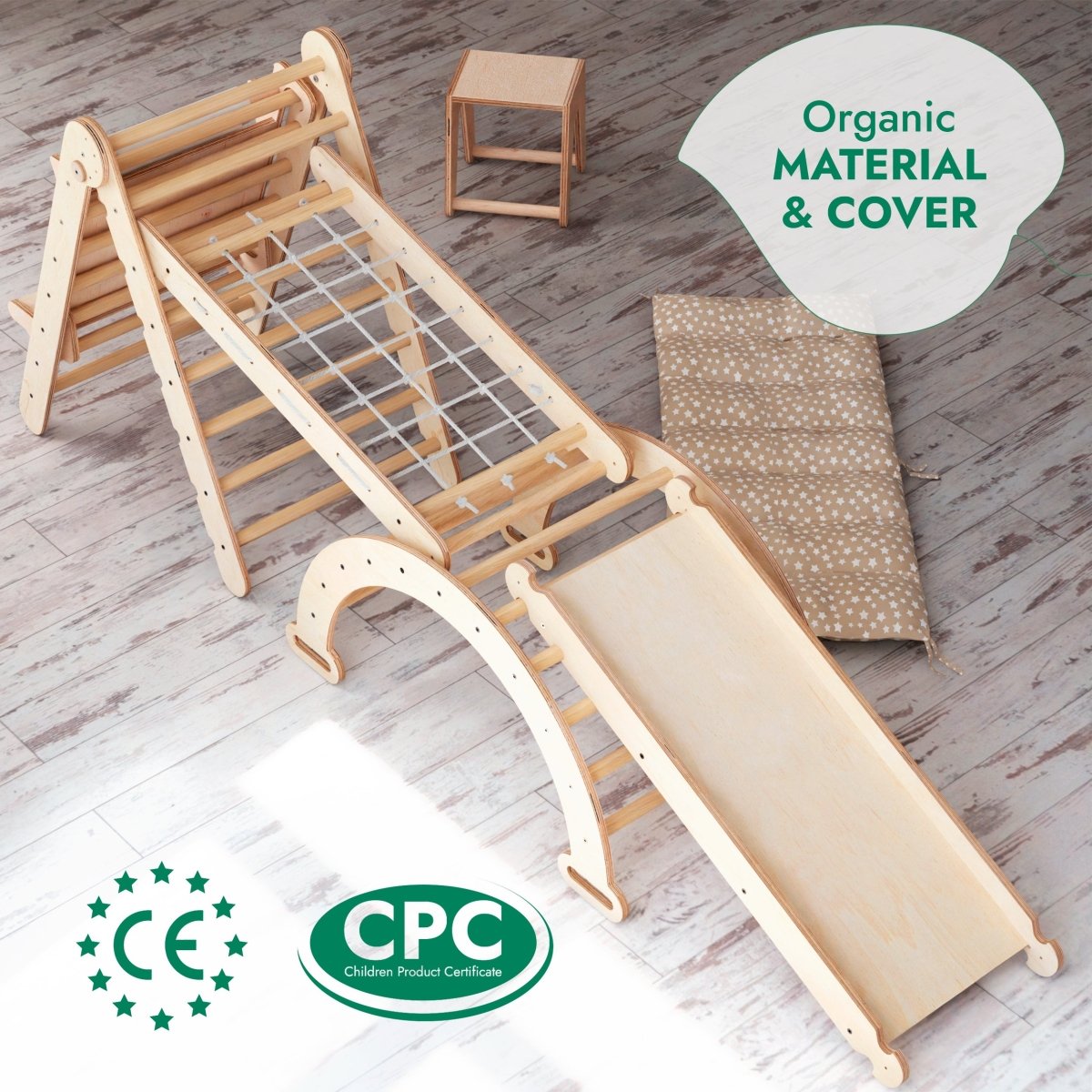 6in1 Montessori Climbing Frame Set: Triangle Ladder + Arch/Rocker + Slide/Ramp + Net + Cushion + Art Addition