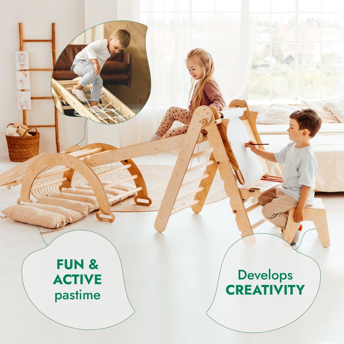 6in1 Montessori Climbing Frame Set: Triangle Ladder + Arch/Rocker + Slide/Ramp + Net + Cushion + Art Addition