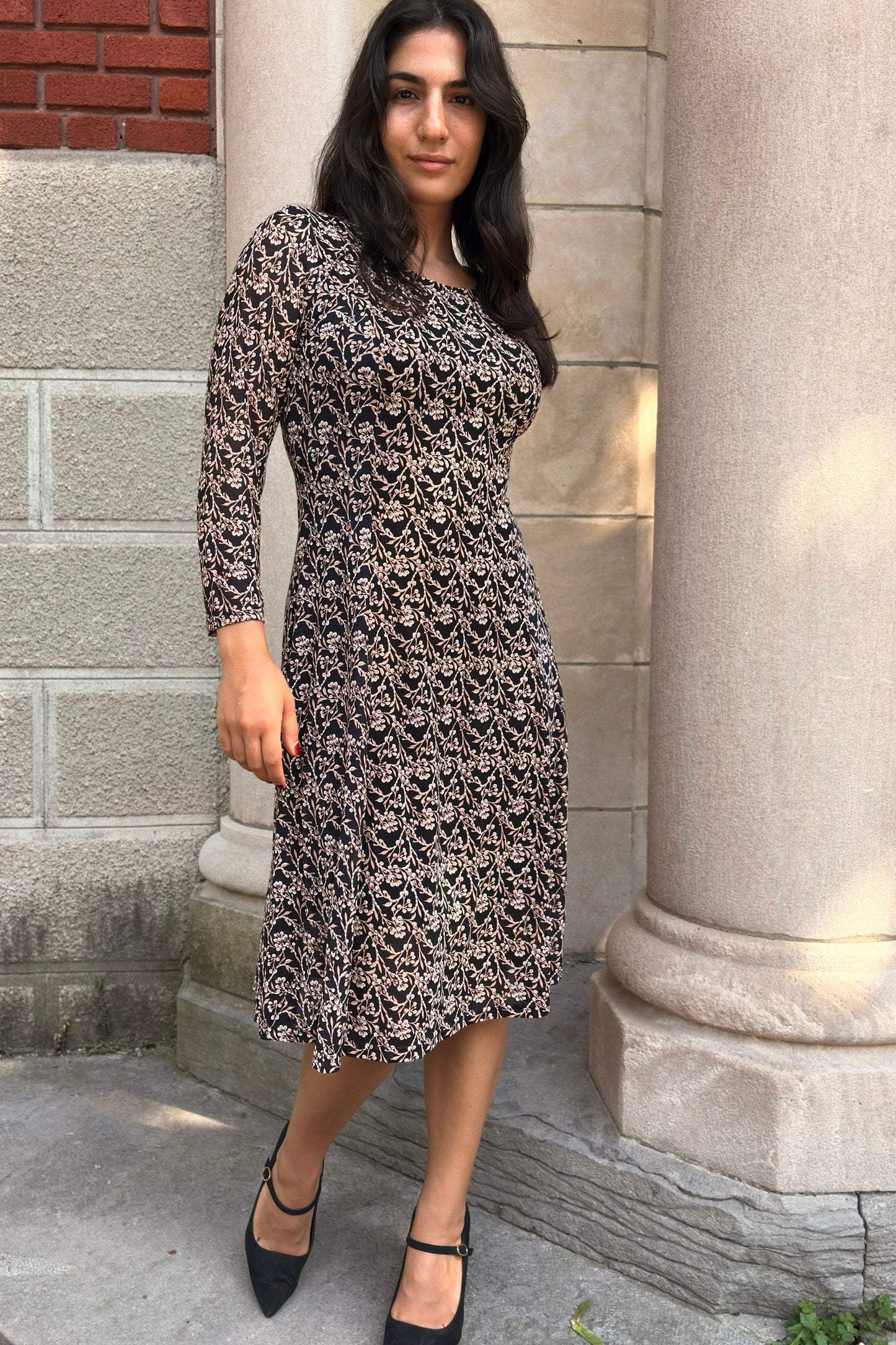 Audrey Navy Fit & Flare Mesh Dress Beige Floral Print