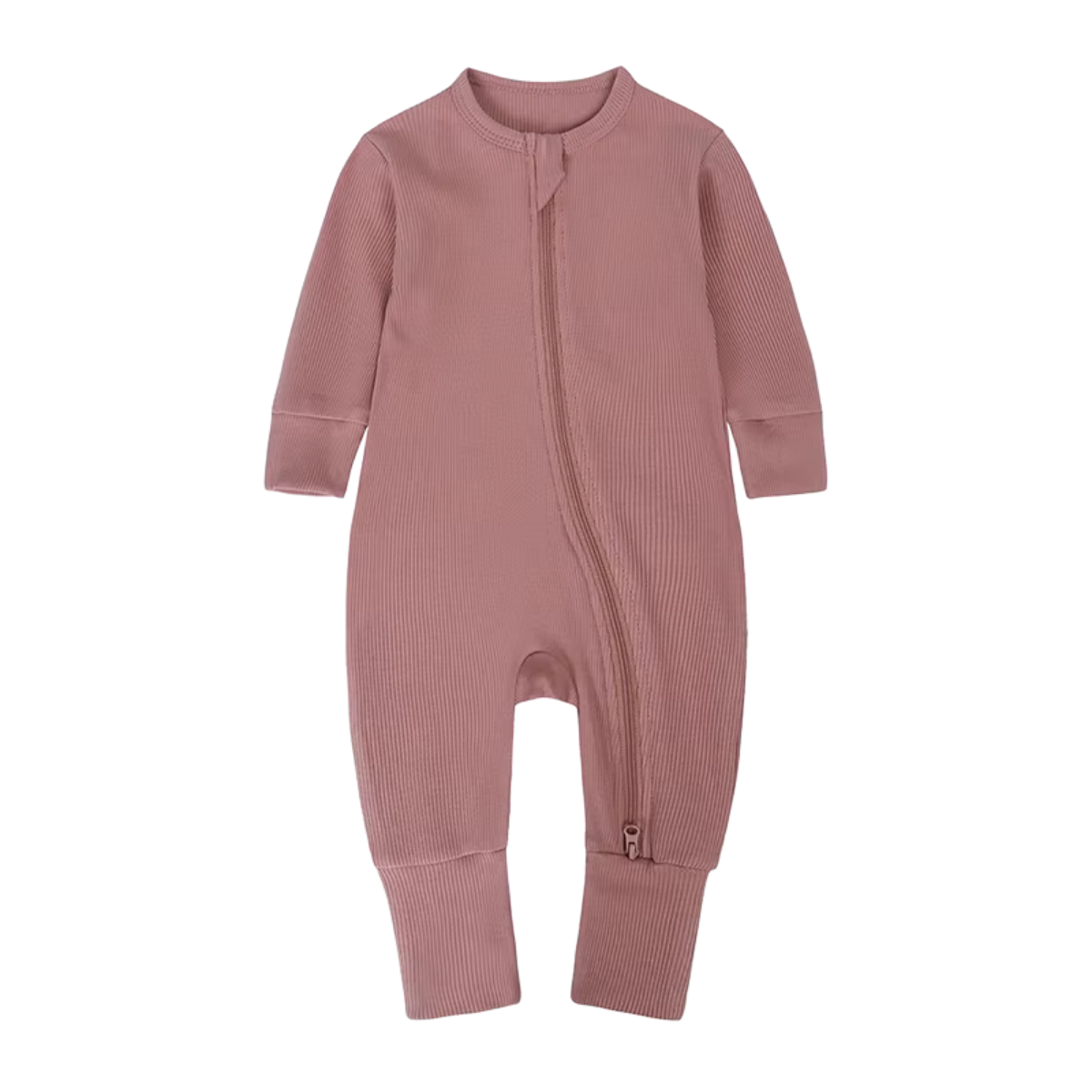 Dusty Pink - Long Sleeve Ribbed Bamboo Sleep + Play Romper