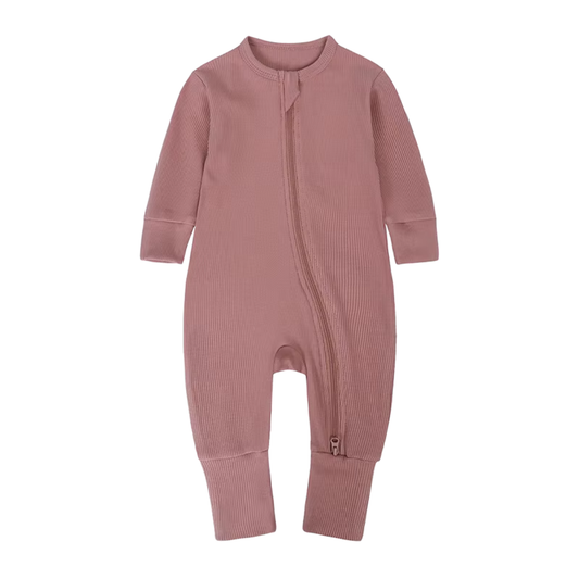 Dusty Pink - Long Sleeve Ribbed Bamboo Sleep + Play Romper