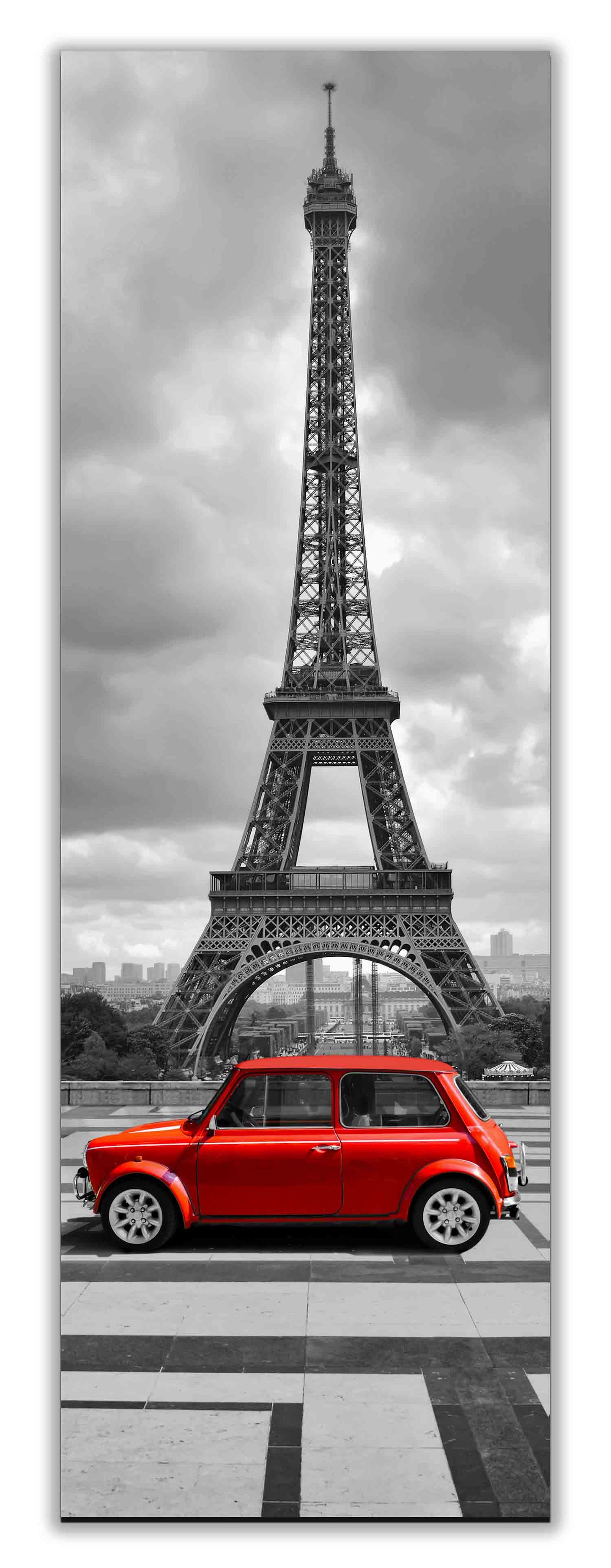 Wall Art Eiffel Tower in Black & White with Red Car in Foreground 24" x 72" Fine Art Canvas