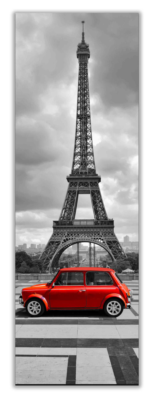 Wall Art Eiffel Tower in Black & White with Red Car in Foreground 24" x 72" Fine Art Canvas