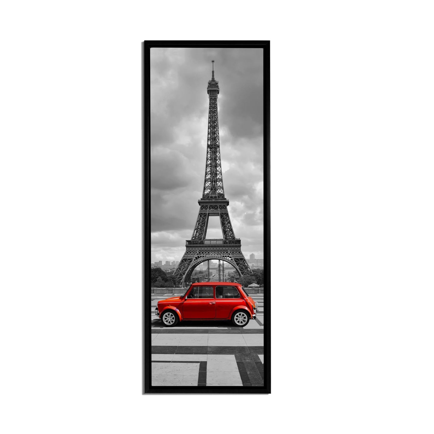 Wall Art Eiffel Tower in Black & White with Red Car in Foreground 24" x 72" Fine Art Canvas