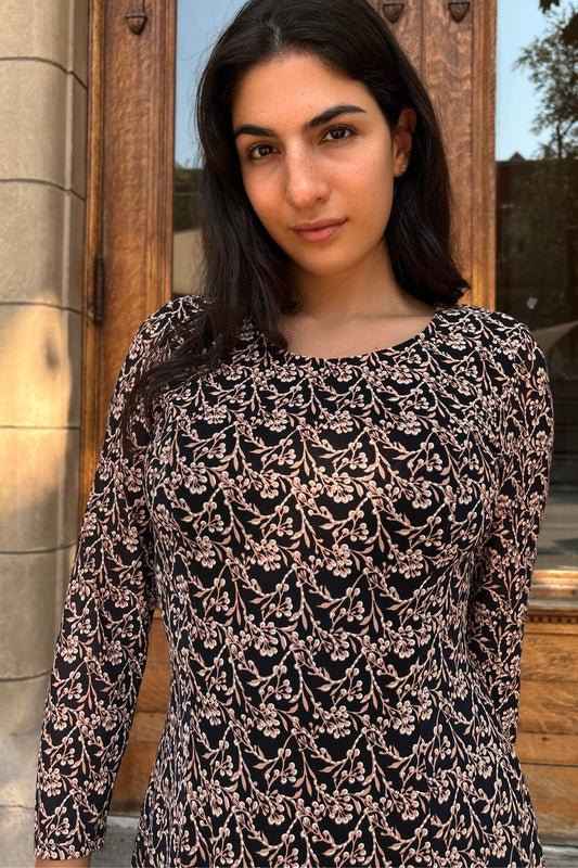 Audrey Navy Fit & Flare Mesh Dress Beige Floral Print