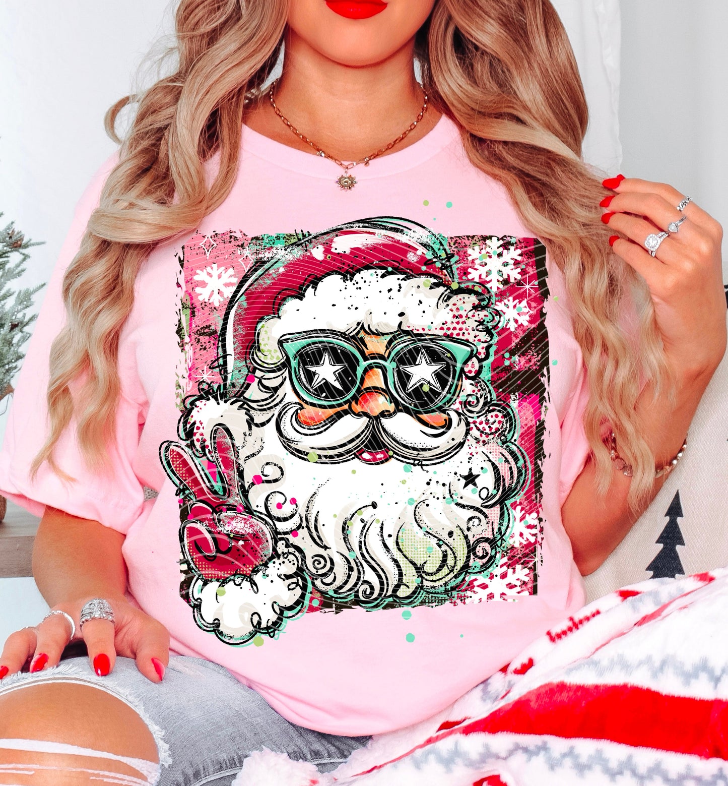 Hoody Crewneck – Cool Santa with Sunglasses Pink Christmas Shirt Design