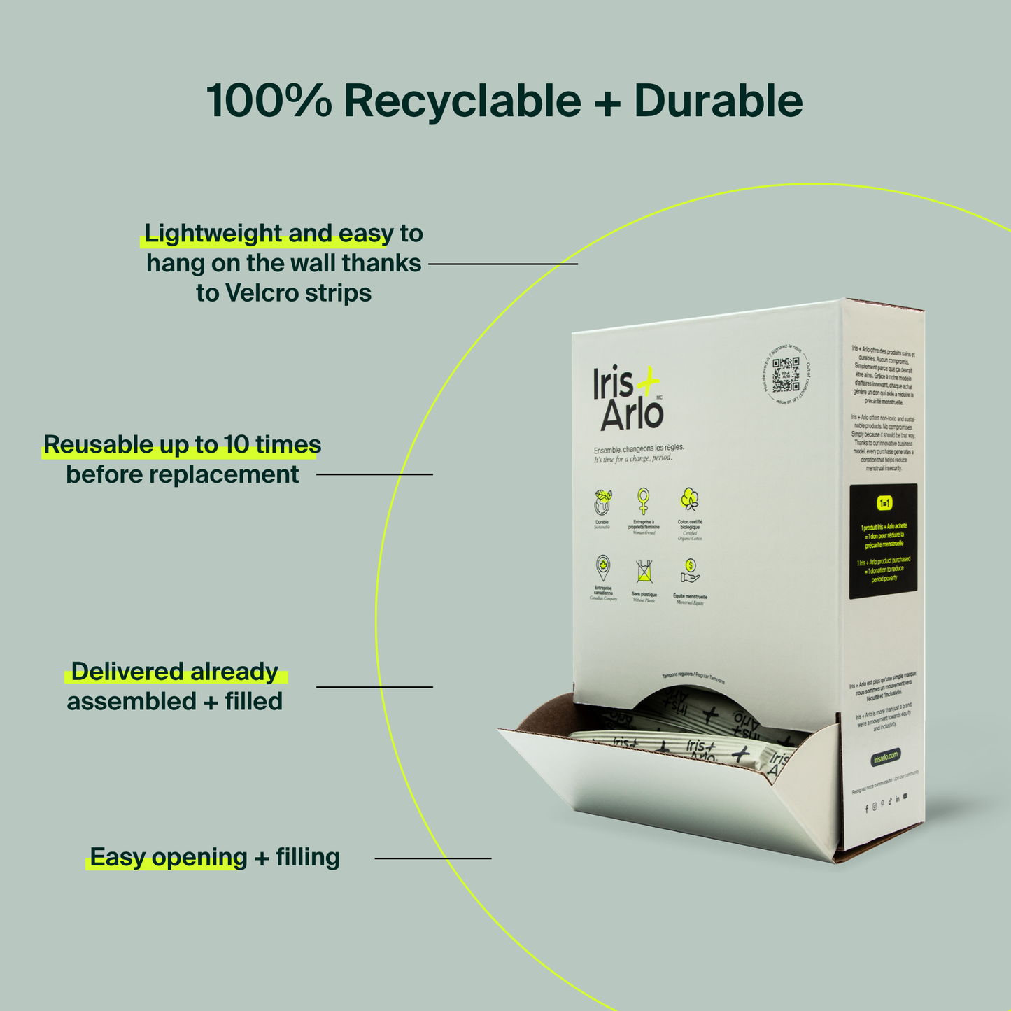 Wall-Mounted Cardboard Dispenser, 100% Organic Cotton Tampons