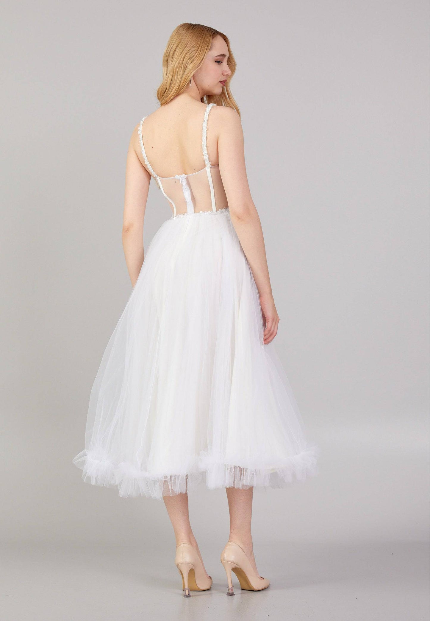 Sleeveless Spaghetti Strap Midi Tulle A - Line Cocktail Dress - White