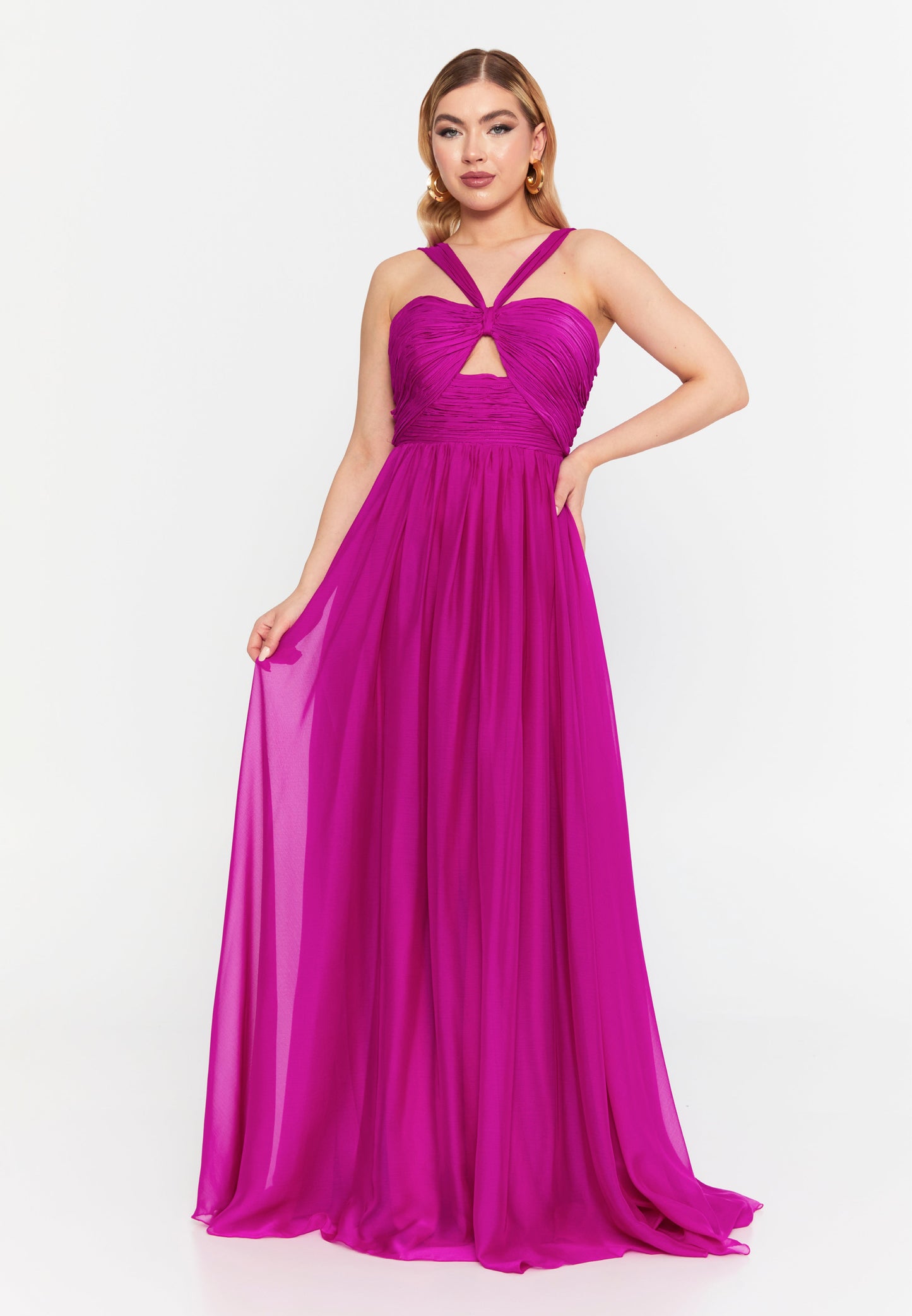 Fuchsia Plus Size Crisscross Chiffon Maxi Dress with Keyhole Front