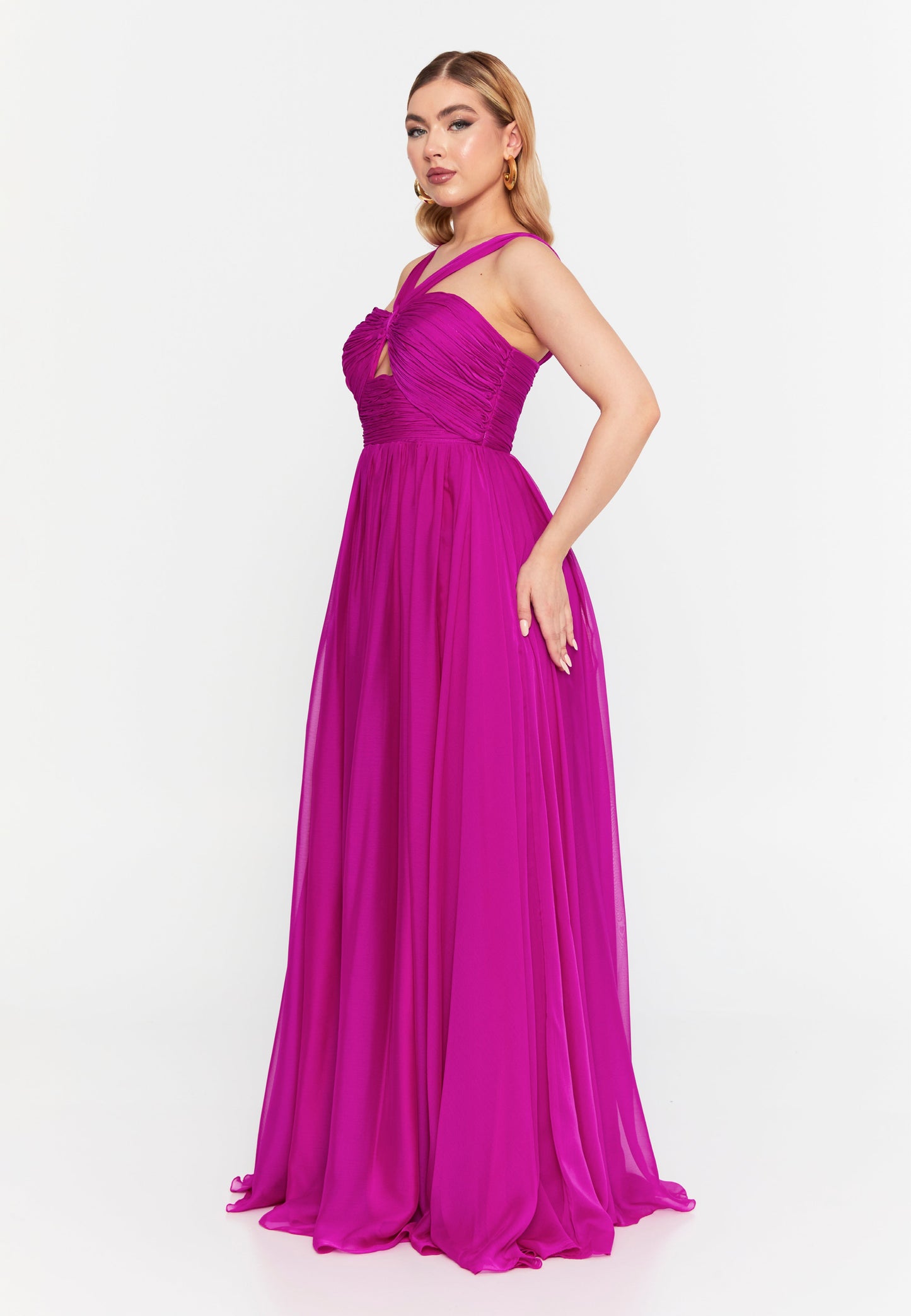 Fuchsia Plus Size Crisscross Chiffon Maxi Dress with Keyhole Front