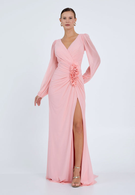 Peach Long Sleeve Floral Slit Maxi Dress – Elegant Evening Gown