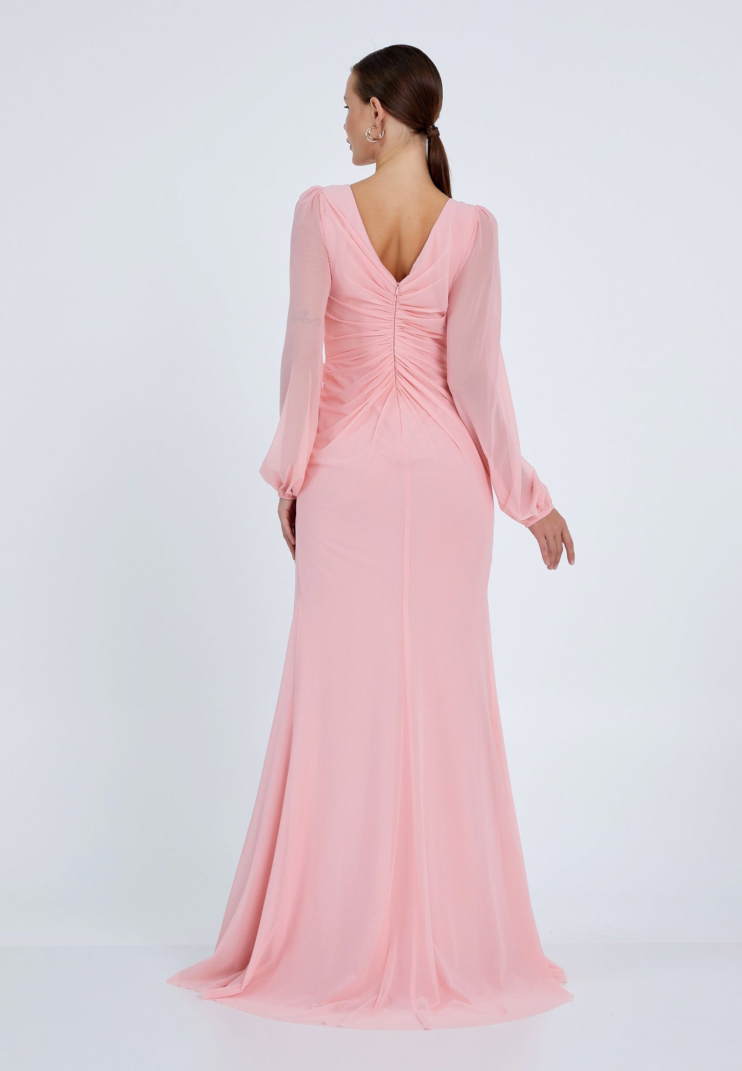 Peach Long Sleeve Floral Slit Maxi Dress – Elegant Evening Gown