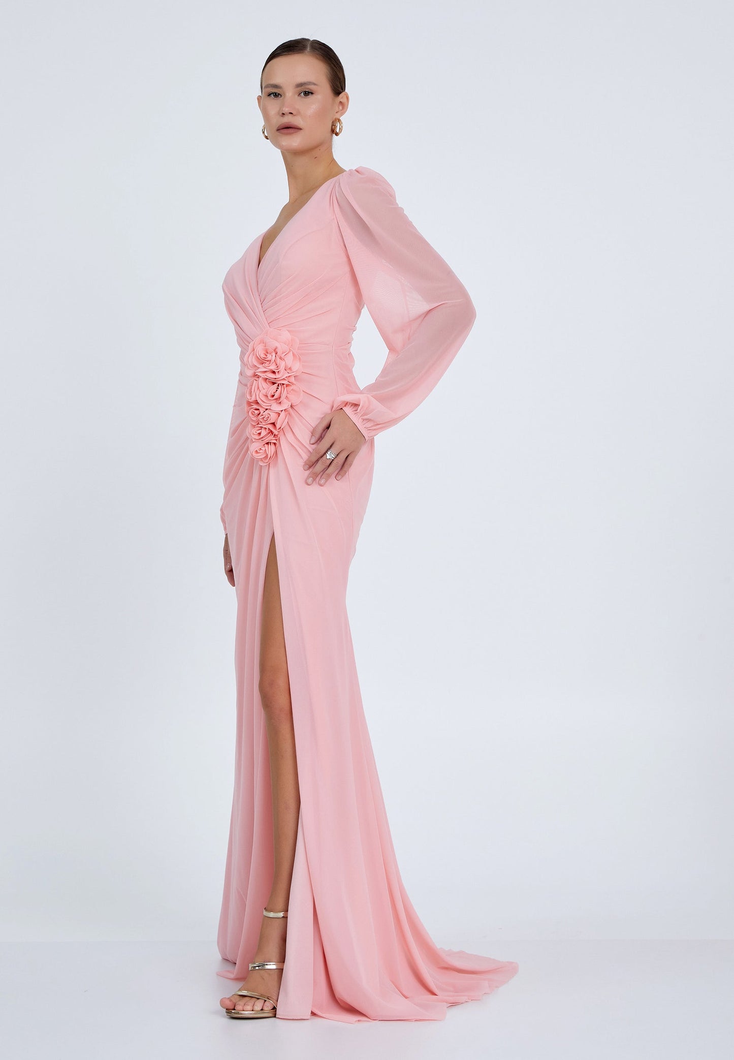 Peach Long Sleeve Floral Slit Maxi Dress – Elegant Evening Gown