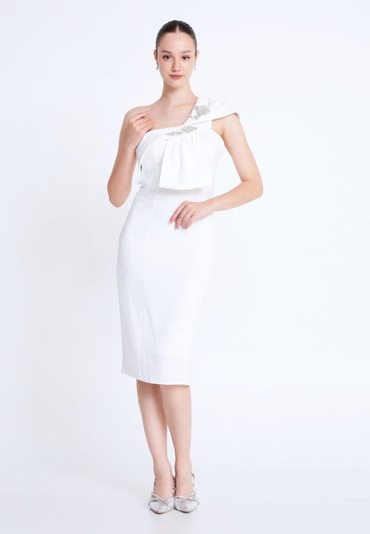 Elegant White One-Shoulder Midi Dress – Bridal & Civil Ceremony Look