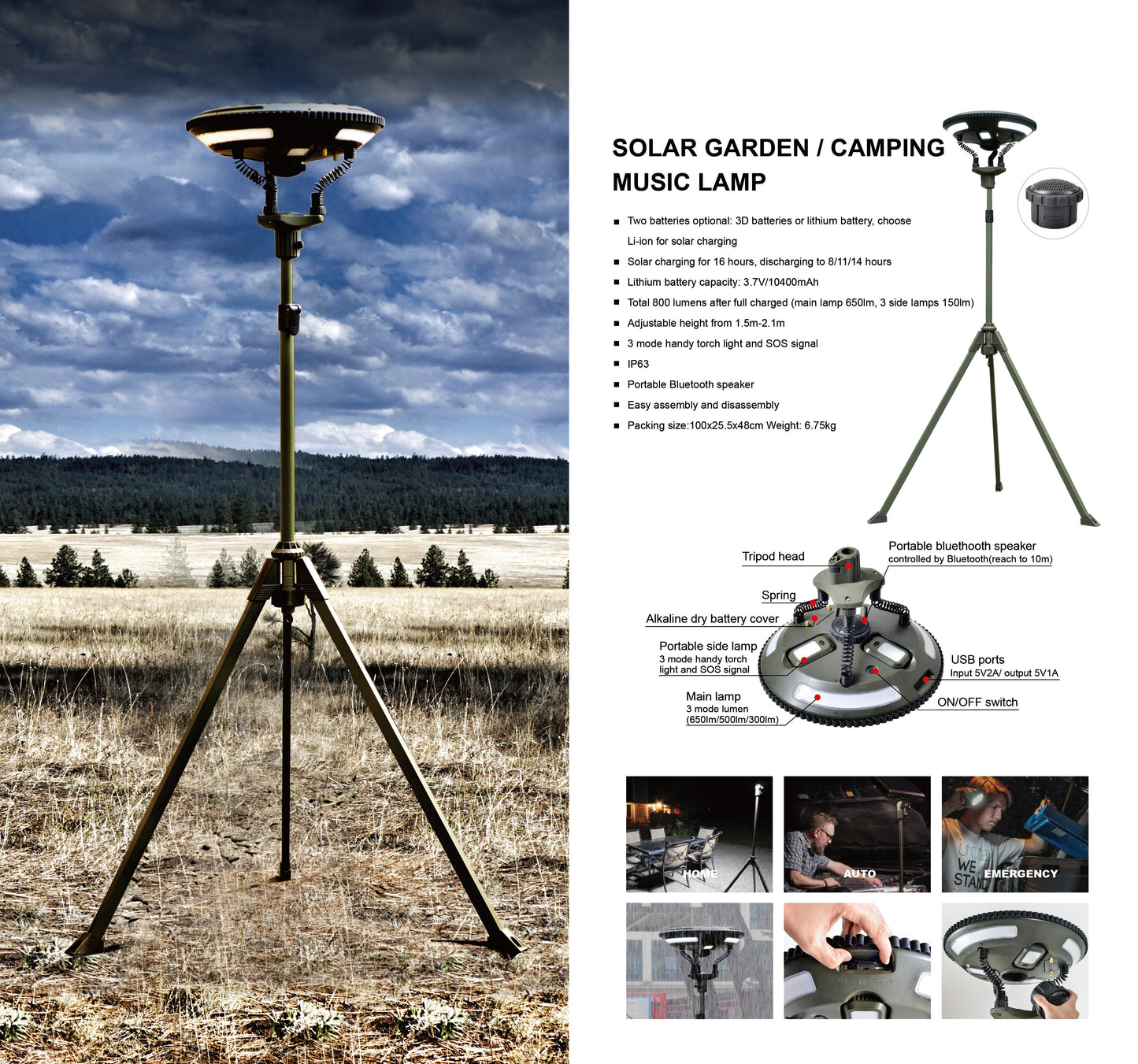 TRU De-LIGHT Singing Music Solar LED Light - Strong BT Speaker/Main Light+3 Detachable Multi Mode Lights/Tripod+Carry Bag
