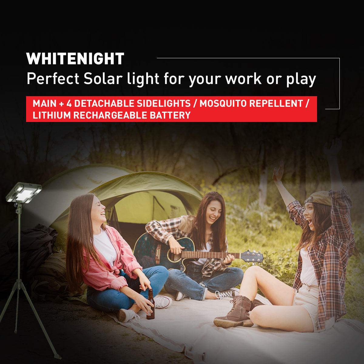 TRU De-LIGHT WHITENIGHT Multipurpose LED Solar / AC / DC - Garden, Camping Main Light + 4 Independent Detachable Multi Mode Side Lights / Tripod + Carrying Bag