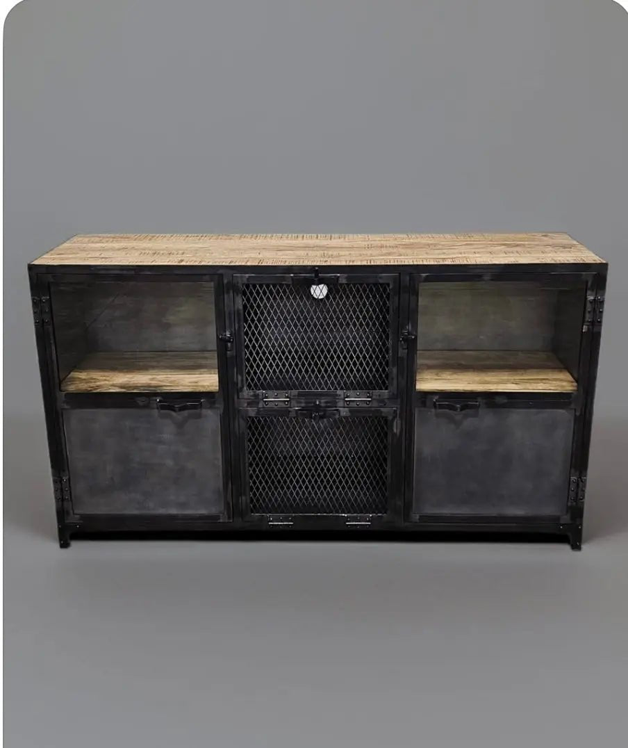 Buffet Ibiza en bois de manguier et acier brut portes vitrées