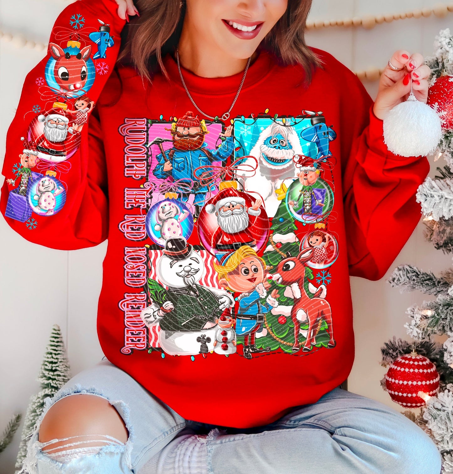 Crewneck Hoody  Rudolphh Christmas Cartoon Characters W/ Sleeve Print