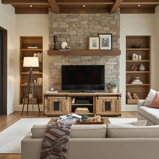 Meuble Télé Farmhouse en bois de manguier brut portes coulissantes