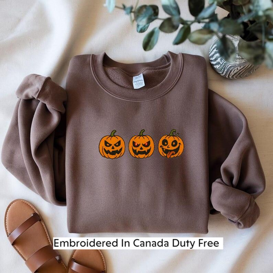 Embroidered Halloween Sweatshirt – Jack-O’-Lantern Pumpkin Trio Made In Canada