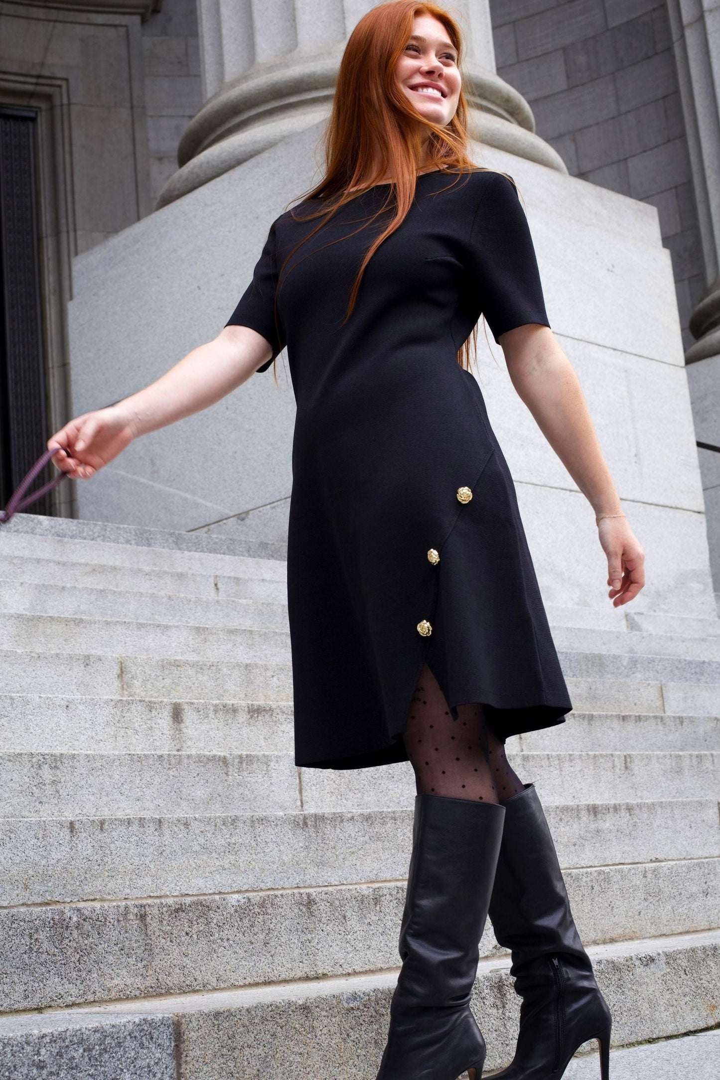 Cleo Black A-Line Dress Short Sleeves Gold Button Front Detail