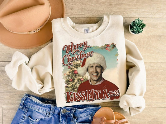 Crewneck Hoody  Merry Christmas Kiss My A Holiday Sweater Design**