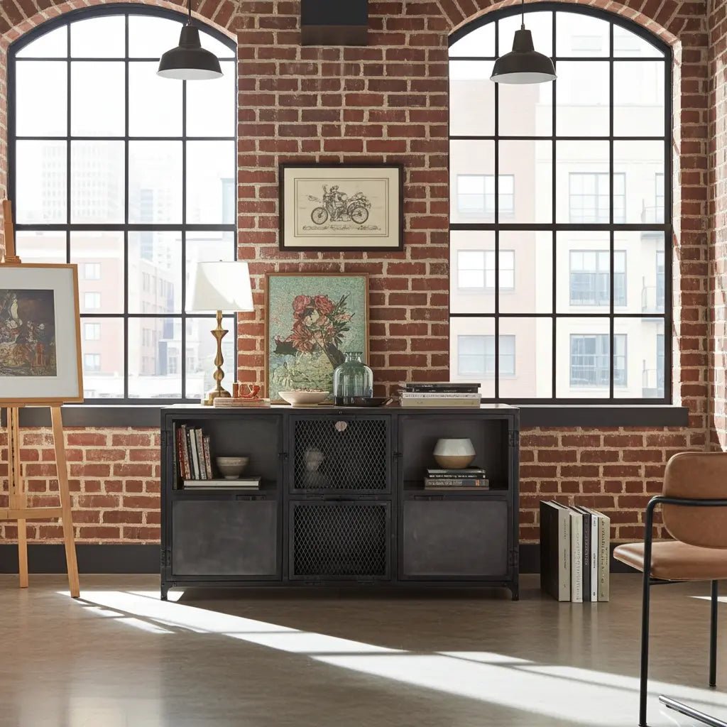 Buffet Ibiza en bois de manguier et acier brut portes vitrées