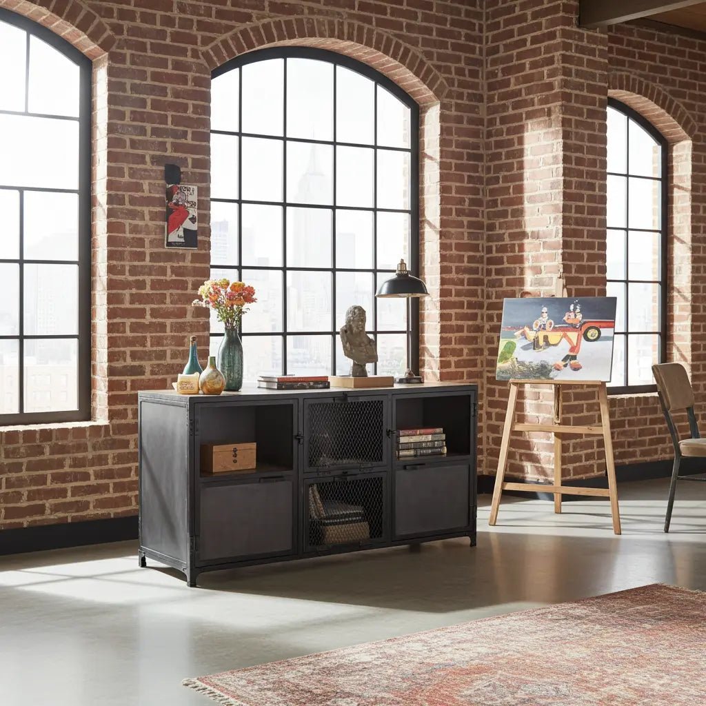 Buffet Ibiza en bois de manguier et acier brut portes vitrées