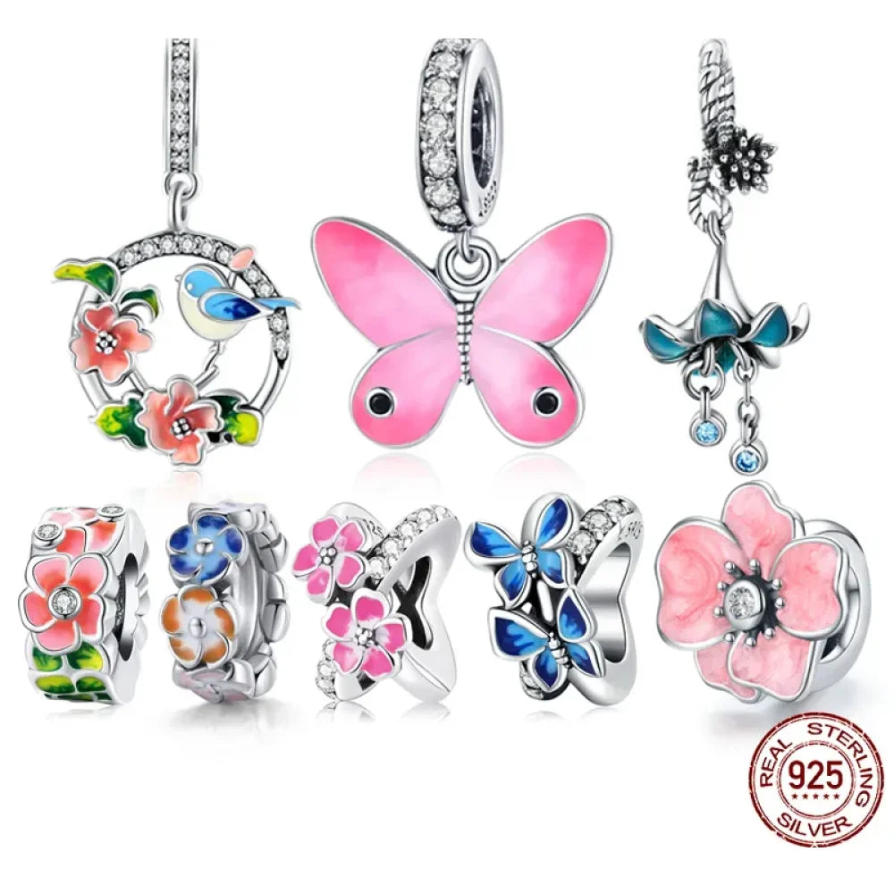 925 Sterling Silver Colorful Birds Flowers Leaves Cz Pendant - Jewelry Charm For Bracelets And Necklaces