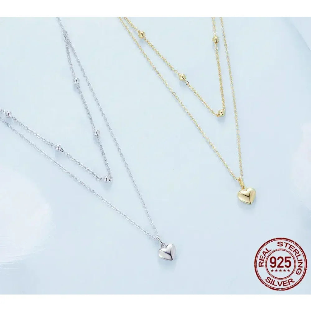 925 Sterling Silver Heart Pendant Necklace - Elegant Double Layer Choker For Women - Bsn168