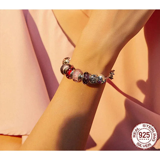 925 Sterling Silver Pink Flower Murano Glass Beads - Diy Bracelet Charms For A Festive Touch (Scz001)