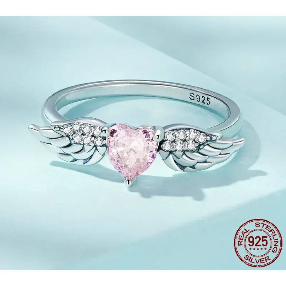 925 Sterling Silver Pink Heart Wing CZ Ring