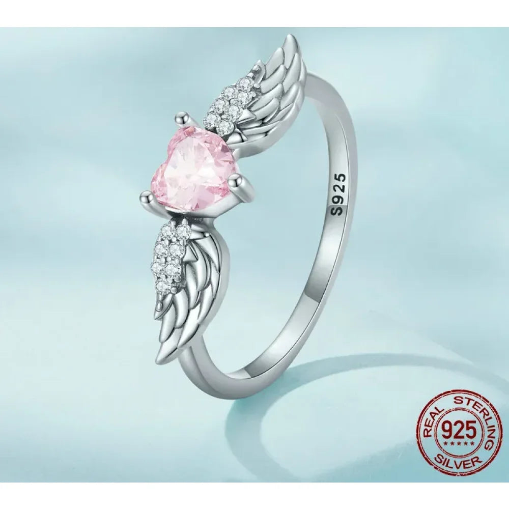 925 Sterling Silver Pink Heart Wing CZ Ring