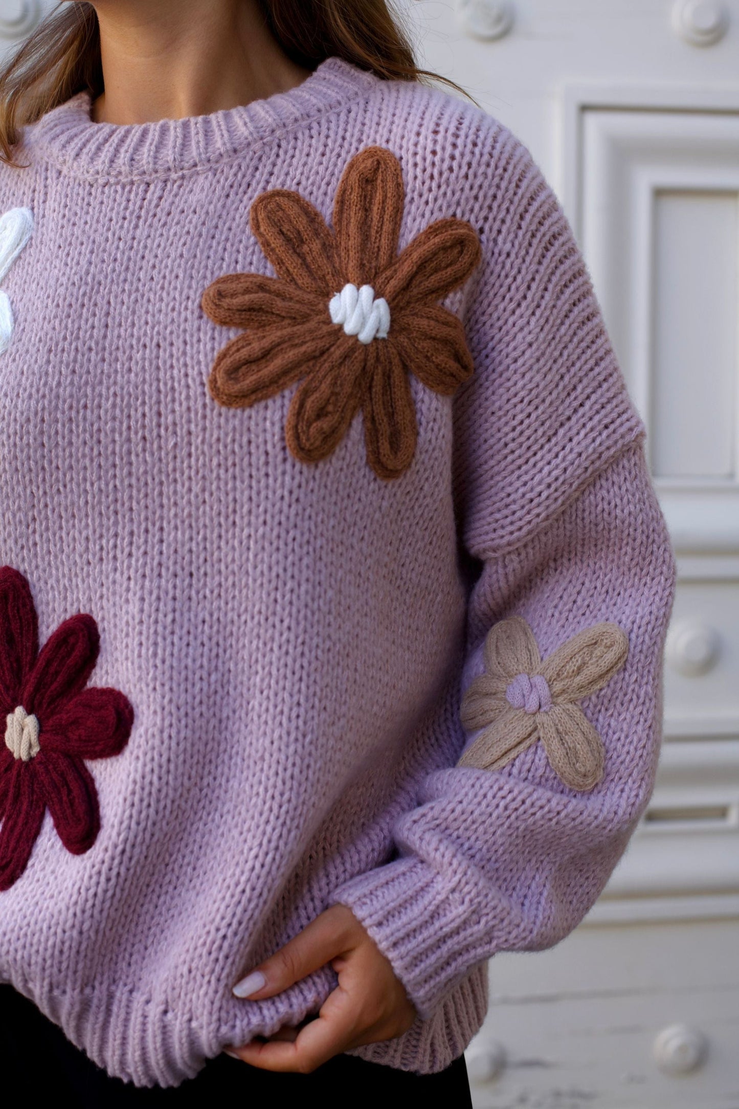 Tamara Women's Chunky Knit Sweater Embroidered Floral Appliqué