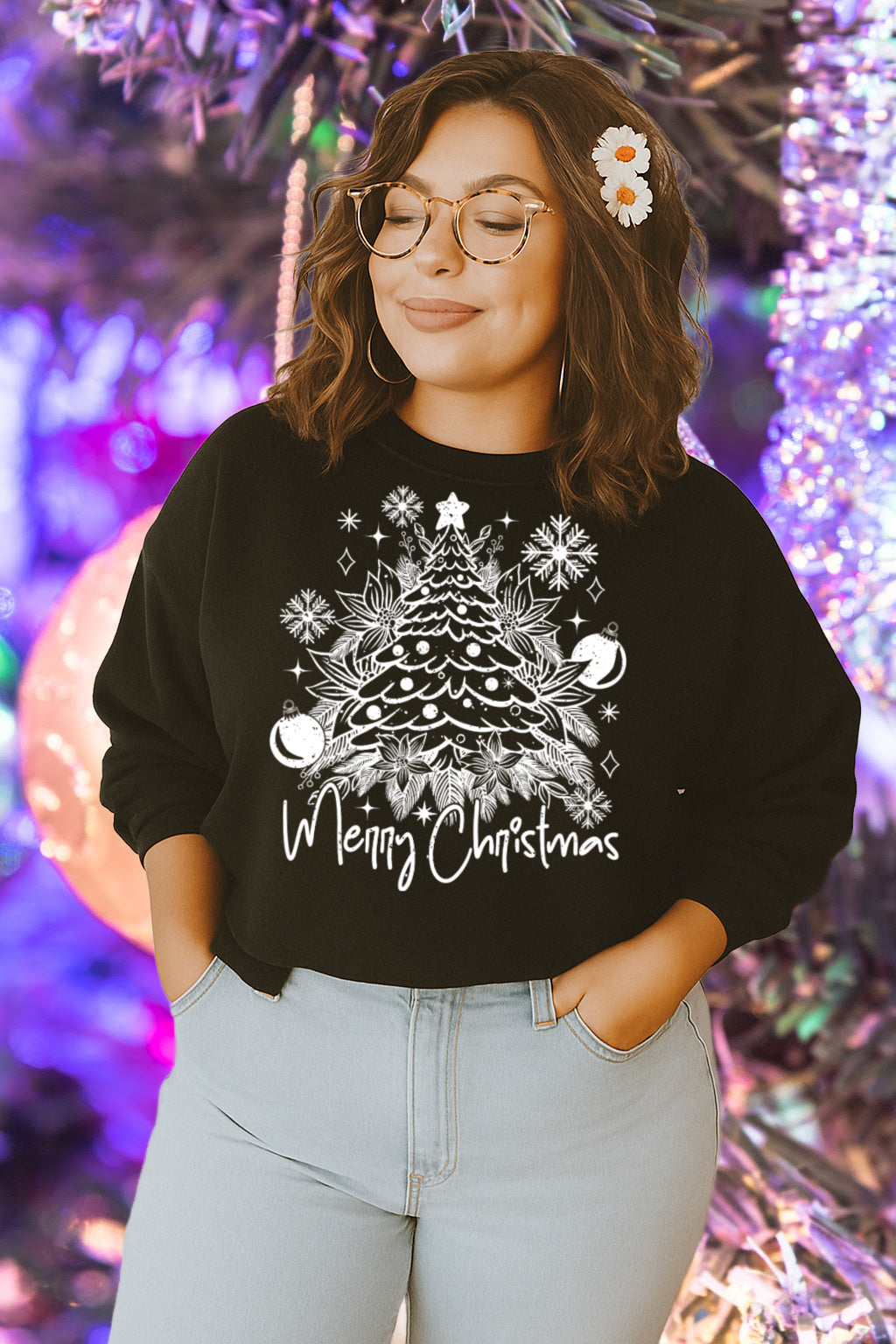 Hoody T-Shirt Crewneck Merry Christmas Tree – Holiday Floral Snowflake Design