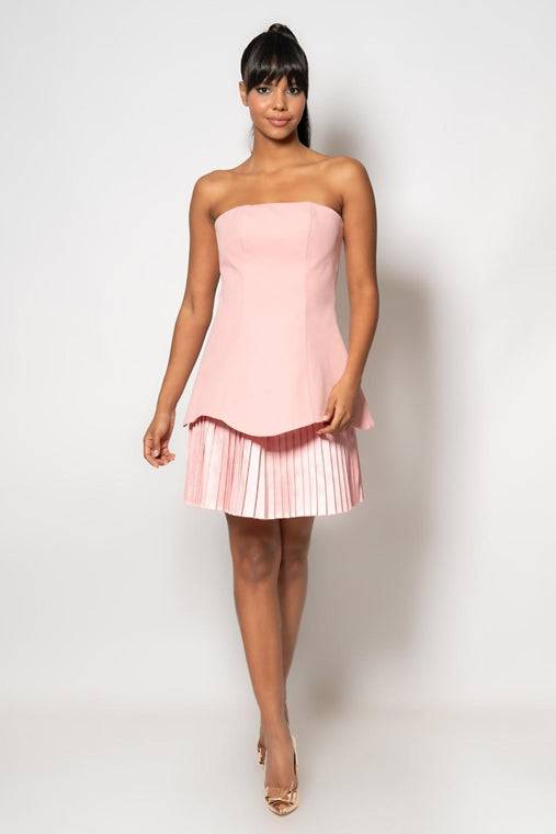 Layered Pleated Double skirt Strapless Knee Length Dress - Pink