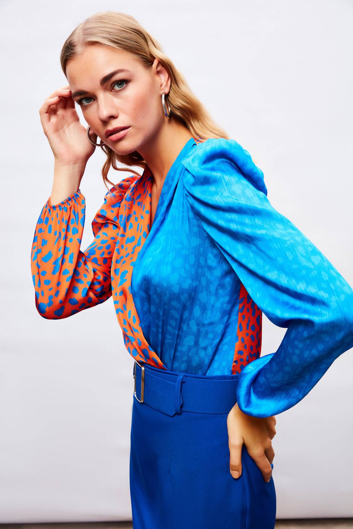 Silk Double-Breasted Patterned Bodysuit -  Blue and Orange