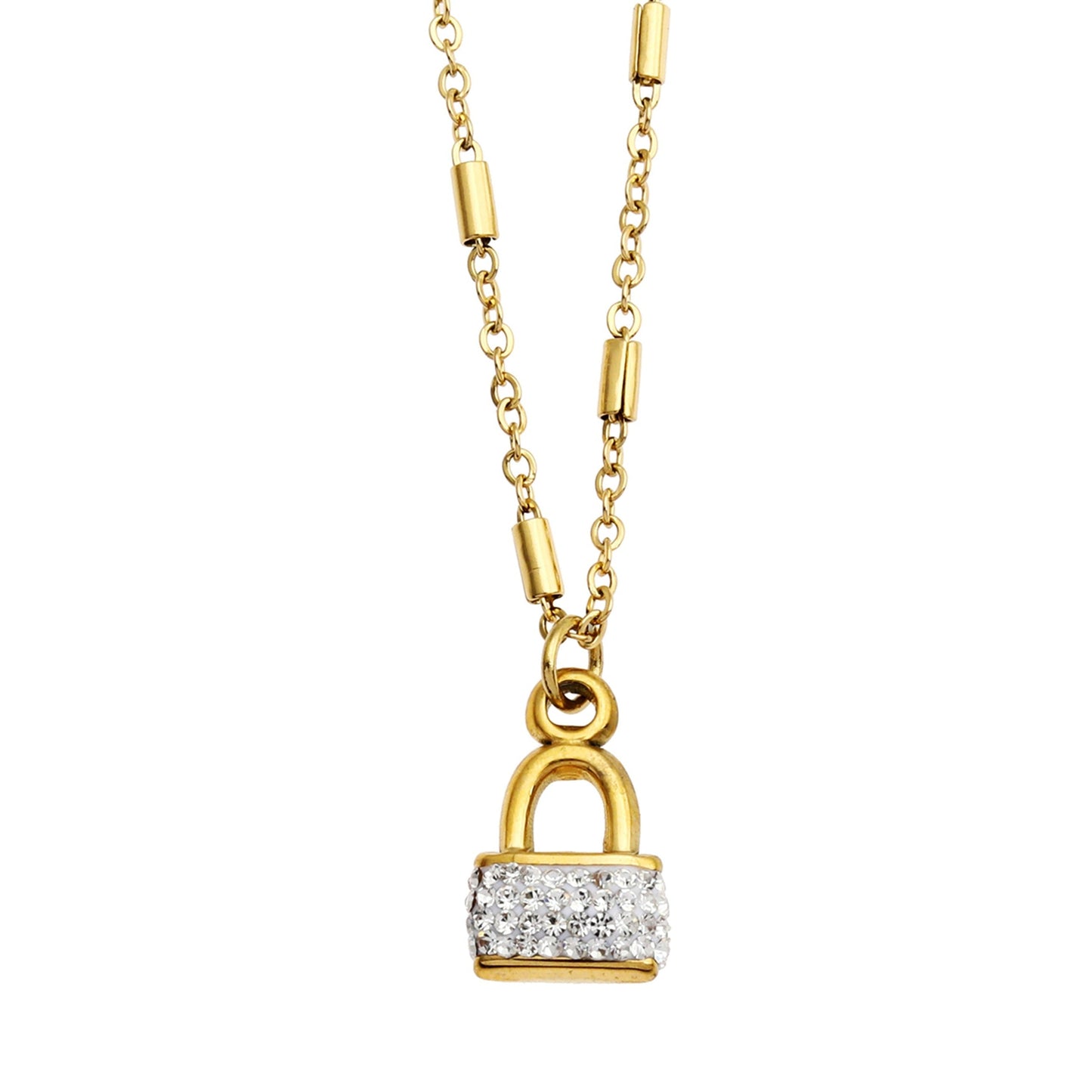 Style ABENI: Pavé Zirconia Pad Lock Pendant on a Tube Bead Chain Necklace in Gold