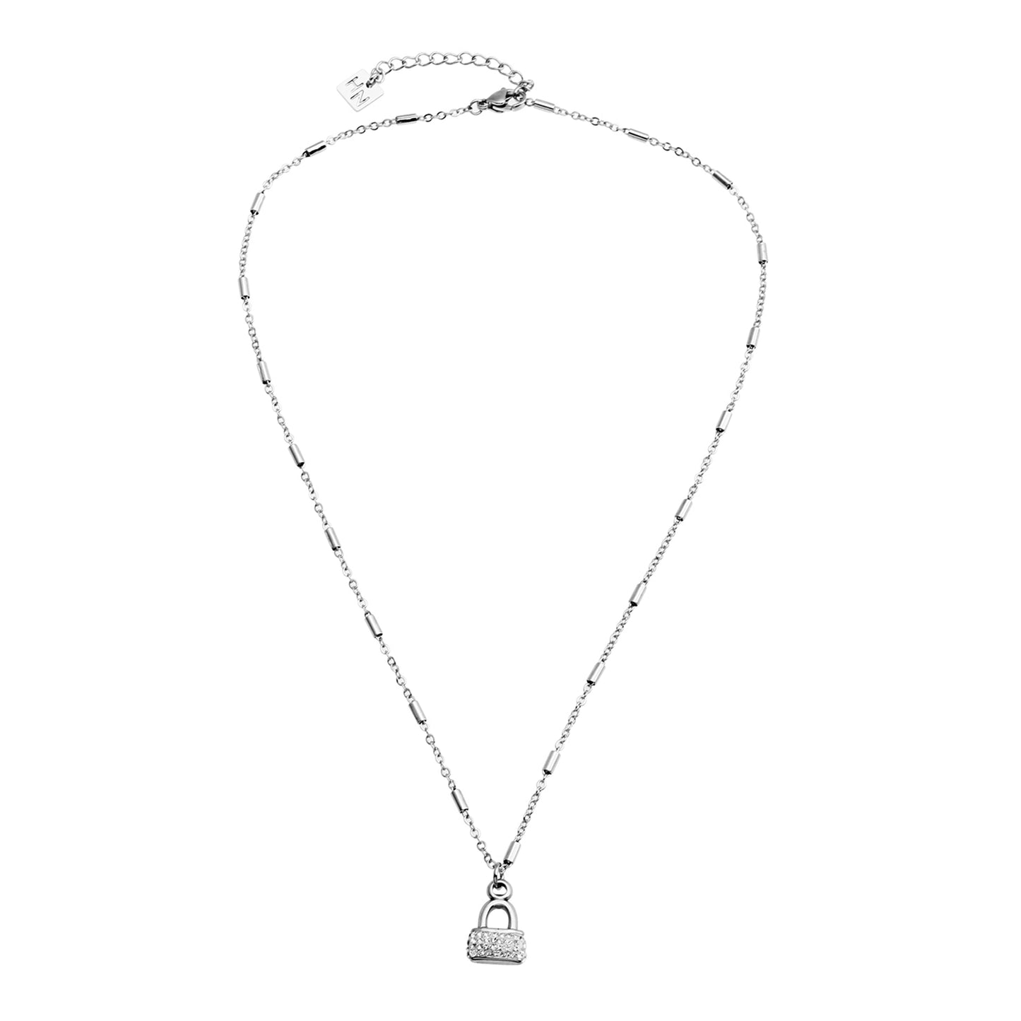 ABENI Tube Bead Chain Necklace with a Pavé Zirconia Pad Lock Pendant in Silver